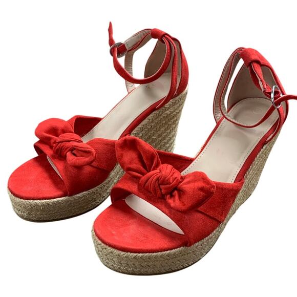 ZBY Womens Size 7.5 Red Faux Suede 4" Wedge Heel Espadrille Open Toe Shoes - Picture 2 of 7